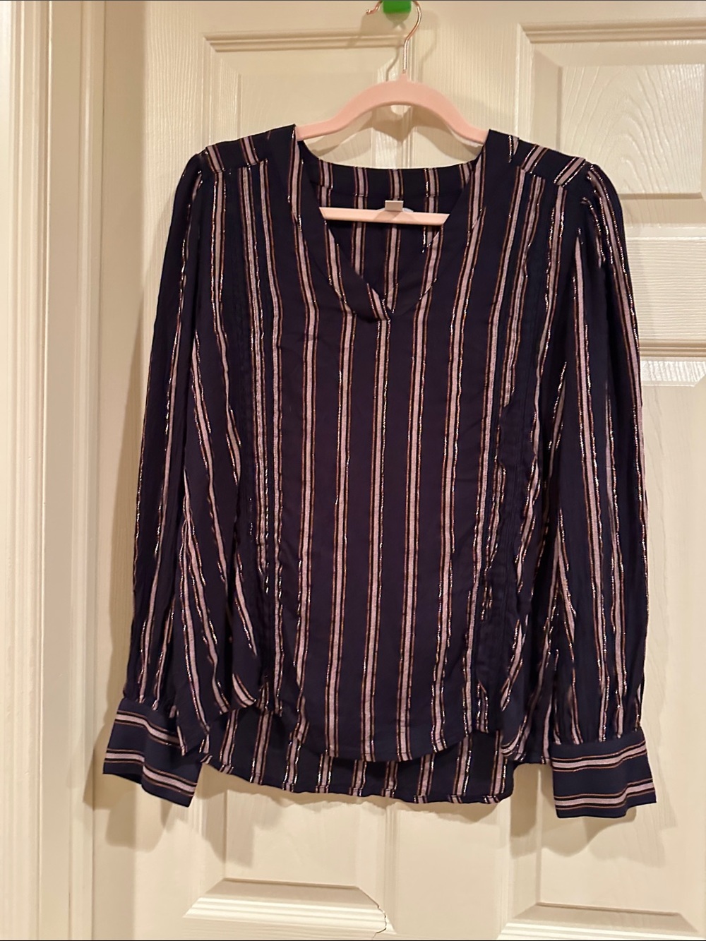hinge Striped Long-Sleeve Blouse with Cream Accent